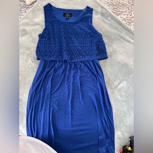 Royal blue, knee length dress with lace overlay.